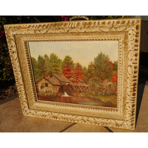 Original Landscape Water Mill Oil Painting Artist D. Wolfes Gold / White Frame